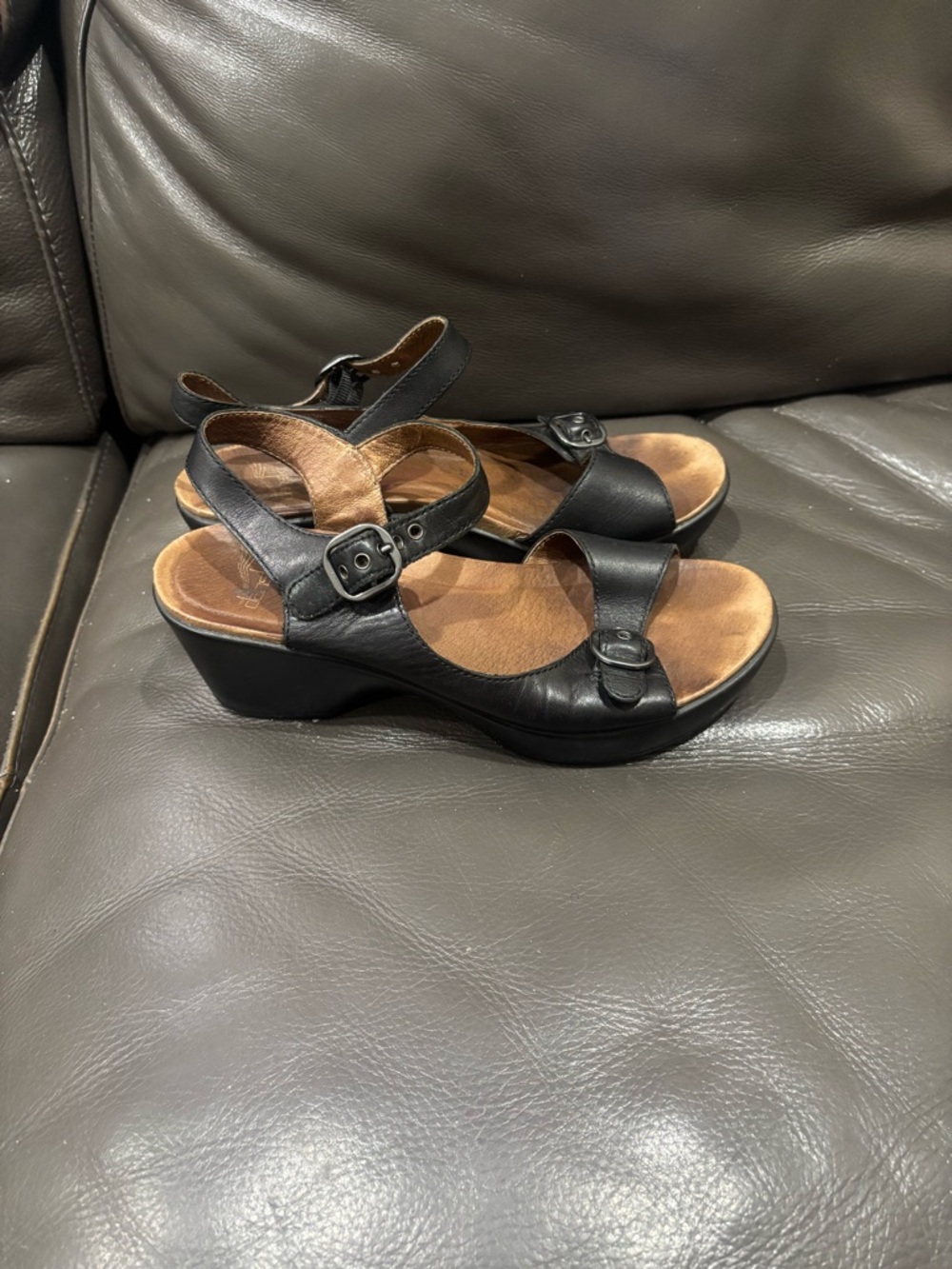 Dansko's Leather Joanie Slingback Wedge Black Sandals- Size EU 37/ US 6.5